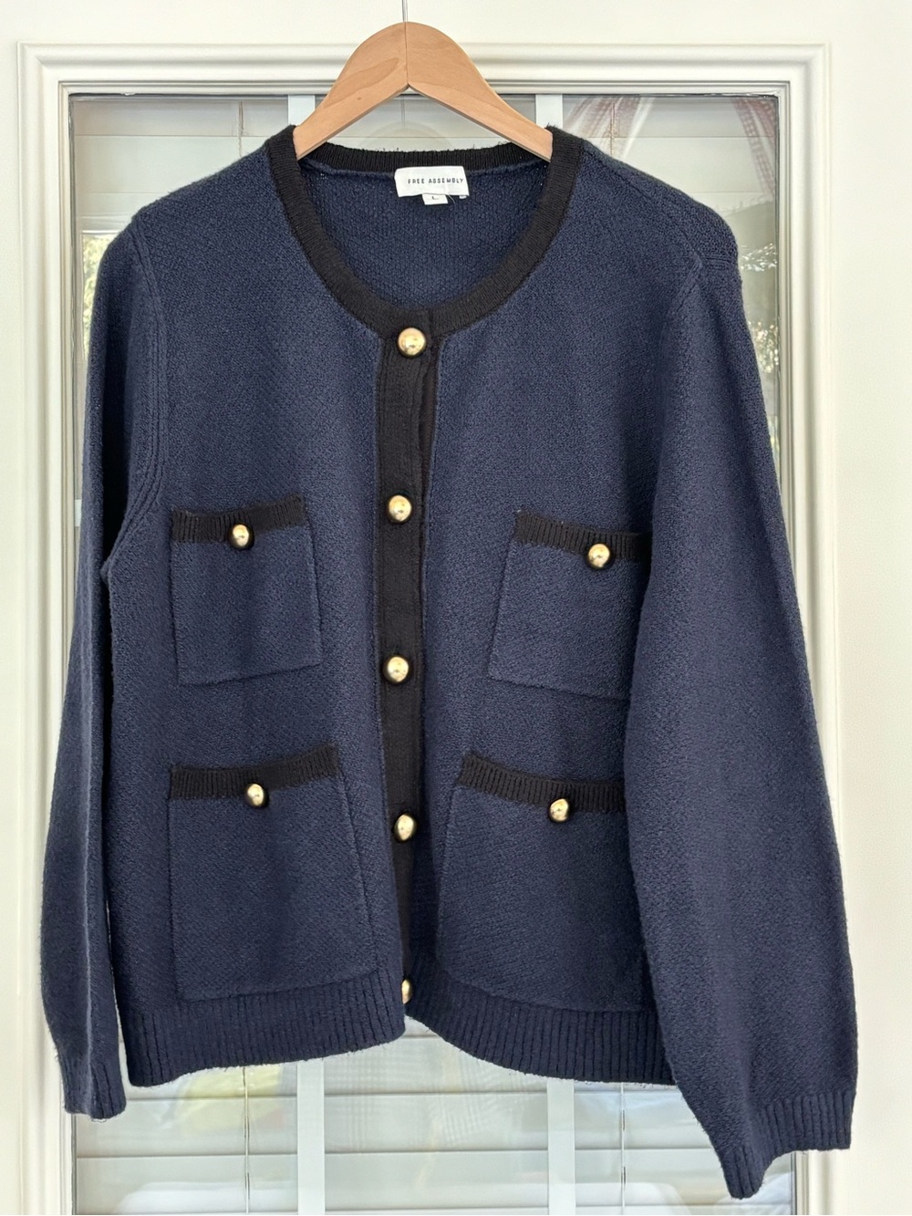 Blue, crew cardigan,with Black Trim and Gold Buttons, Large